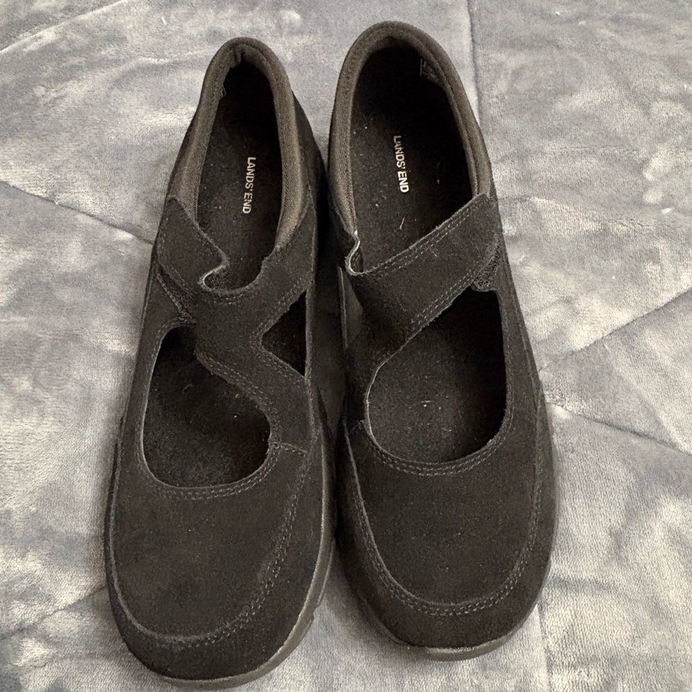 Lands’ End Shoes Womens 10B Mary Jane Hook & Loop Flats Comfort Black Casual